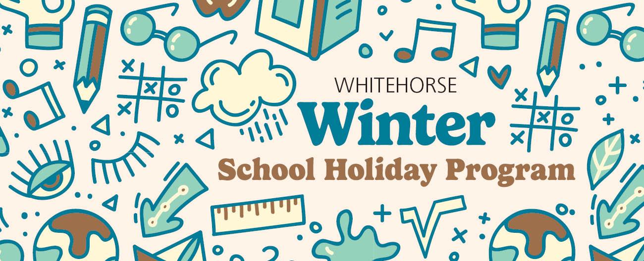 Blue and white graphic of school holiday program with illustrations of musical notes, pencils, noughts and crosses and rain clouds
