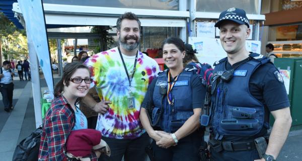 Young person with Youth Worker and local Police Officers at Box Hill Mall event