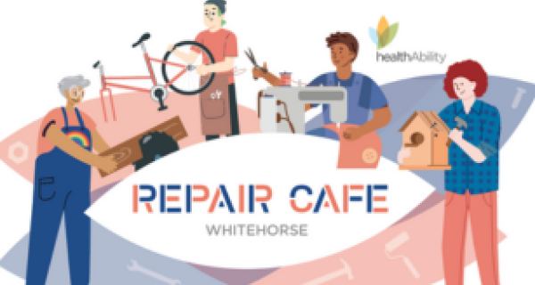 Graphic of Repair cafe featuring four people fixing things like a clock and bicycle