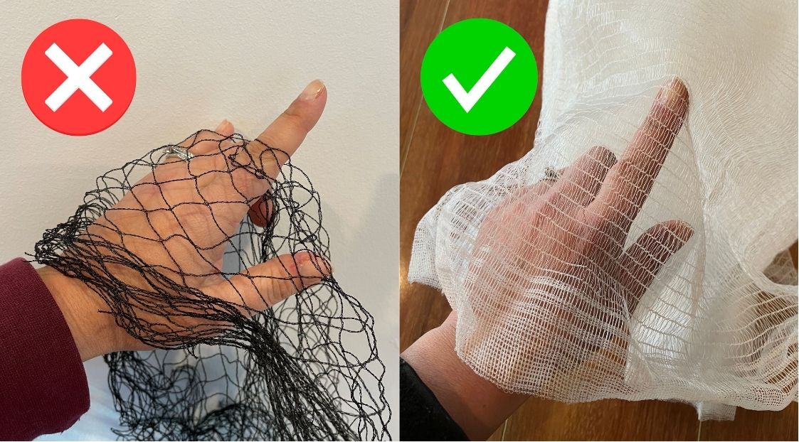Fruit tree netting with mesh size larger than 5mm x 5mm and a red X to show do not use. Fruit tree netting with mesh size under 5m x 5mm and white in colour and a green tick to show it is safe for wildlife