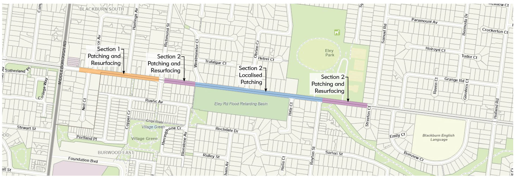 Map of Road resurfacing works - Eley Road, Blackburn South