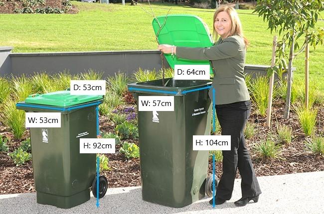 Garden organics bin sizes 140 litre D 53cm W 53cm H 92cm 240 litre D 64cm W 57cm H 104cm