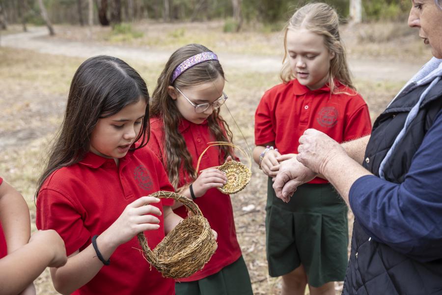 Primary students looking at weaving