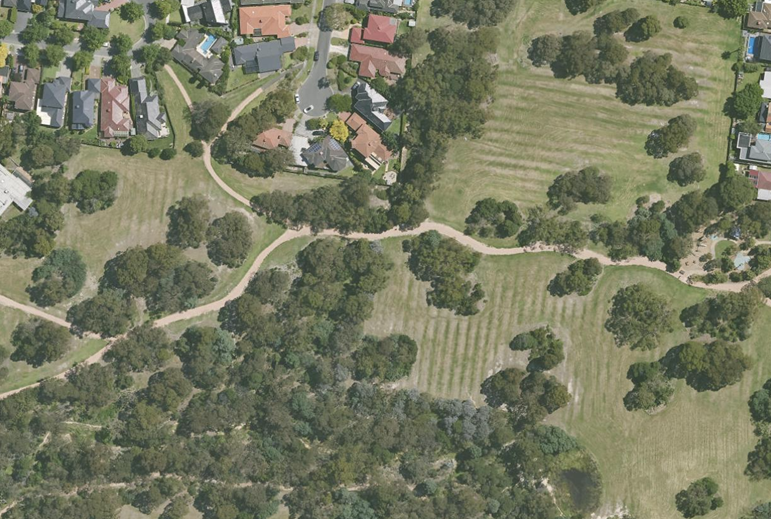 Aerial image showing sections of green trees, grassed area and residential housing