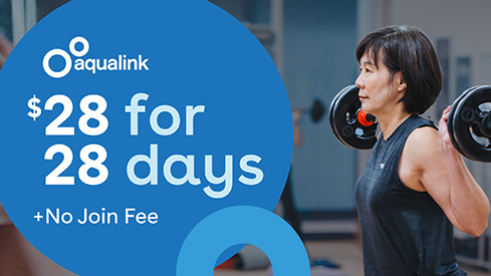 lady lifting bar weights. $28 for 28 days promo