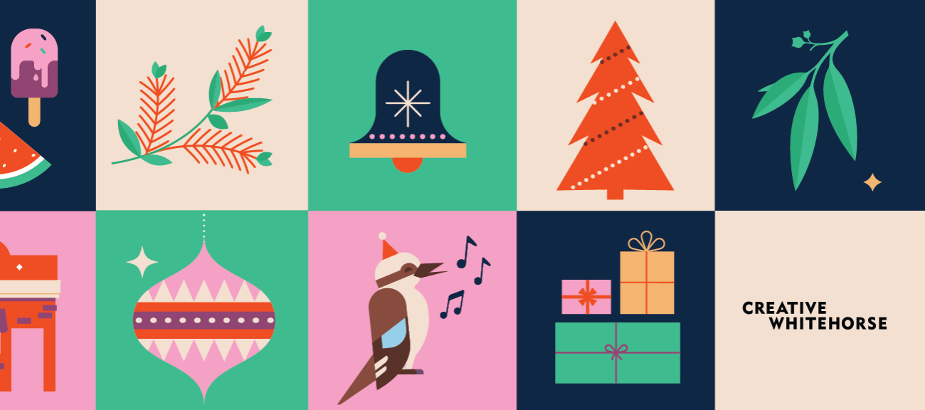 Graphic of 9 tiles showing festive things: a Christmas tree, a singing kookaburra, wrapped presents, a bell and more