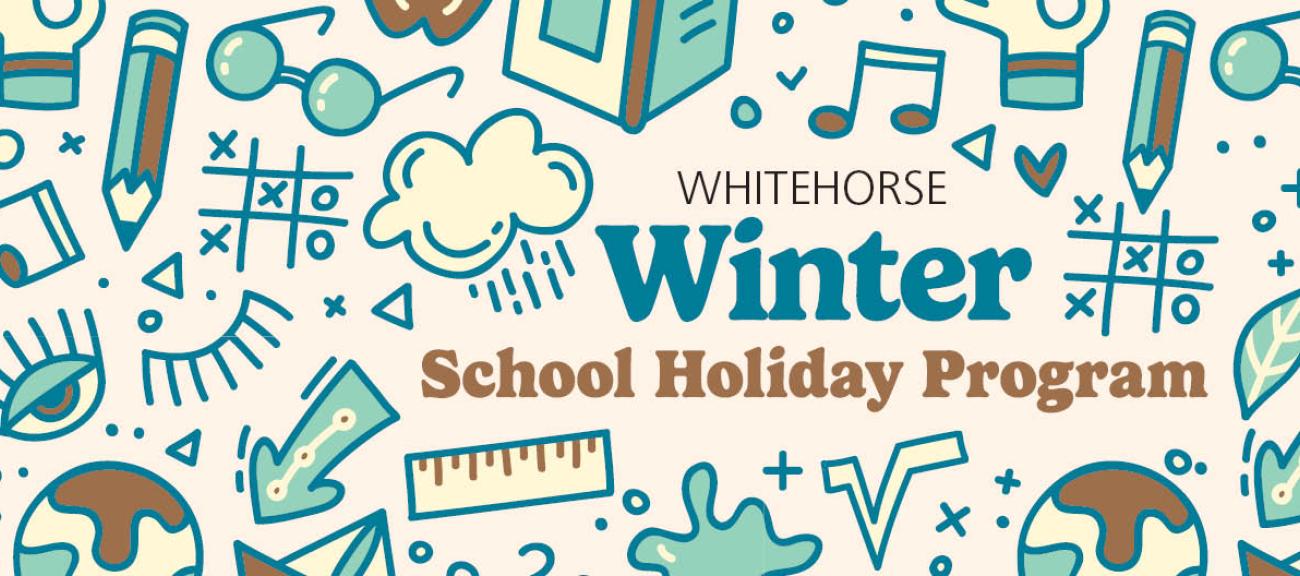 Blue and white graphic of school holiday program with illustrations of musical notes, pencils, noughts and crosses and rain clouds
