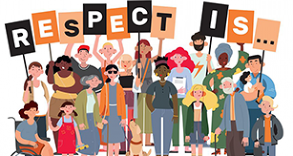 Illustration of a group of people holding 'respect is..' sign