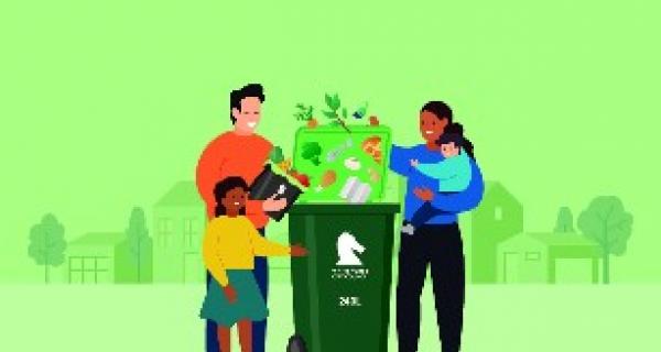 Drawing of three people putting green waste into a bin