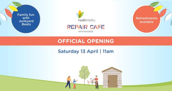 Graphic of people in a field walking towards a barn with text saying repair cafe official opening. 