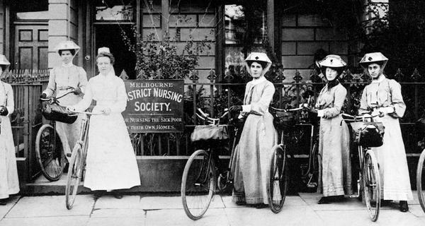 Melbourne District Nursing Society: Nurse and Matron with bikes, 1905
