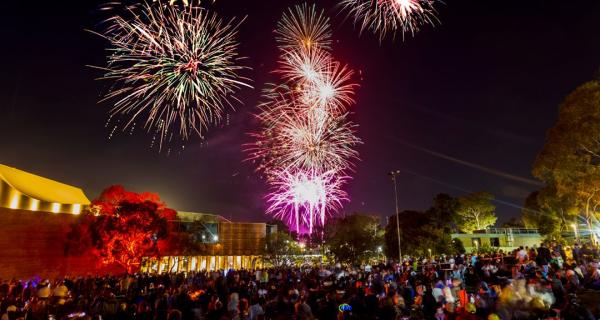 fireworks above The Round of a night time with a large crowd of people watching