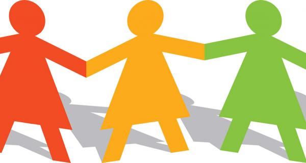 Colourful women figures holding hands