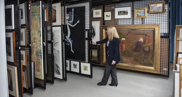Store room with many racks of preserved artwork