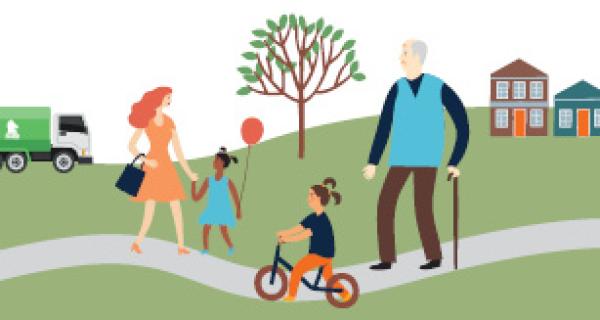graphic of family in a park, child rides bicycle, man walks with walking stick, woman with red hair is with child holding balloon