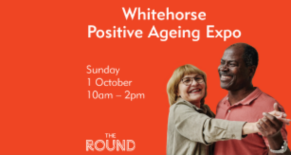 Red graphic with couple dancing and expo information in text