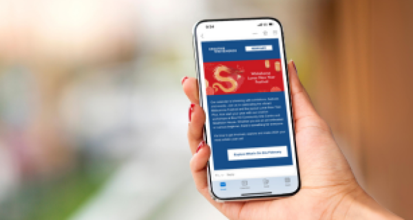hand holding a mobile phone with a promotional email on the screen