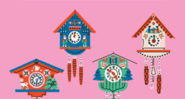 Graphic of four cuckoo clocks