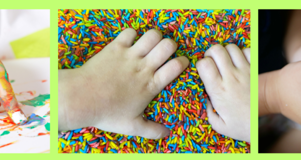 A child's hand playing with rice and play dough