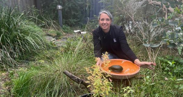 Person in a garden with a bird bath