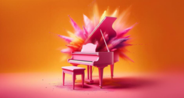 Pink piano with pink and orange powder exploding from behind