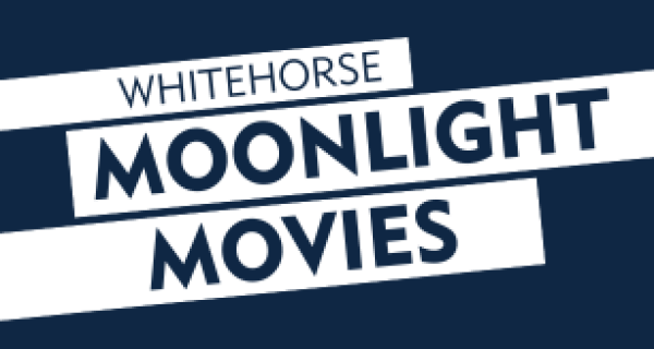 Graphic reading Whitehorse Moonlight Movies with dark blue background