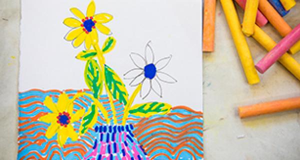 Colourful drawing of spring - flowers in a vase