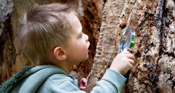 Preschool child with magnifying glass