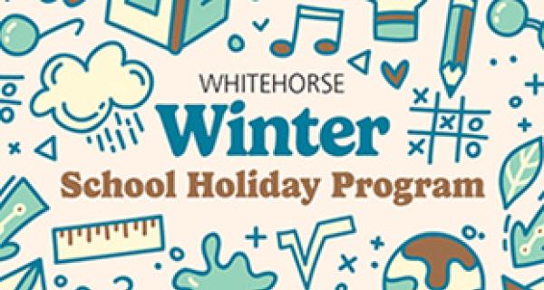 Blue and white graphic of school holiday program with illustrations of musical notes, pencils, noughts and crosses and rain clouds