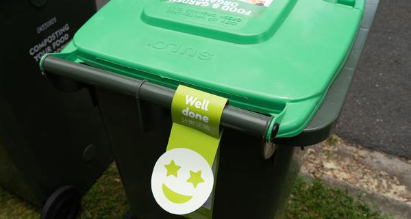 Photo of well-done sticker on green food organics bin