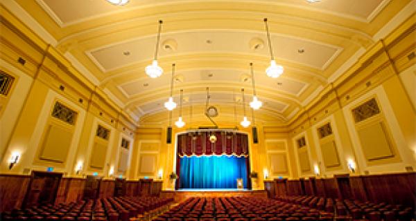 Main Hall at Box Hill Town Hall with stage and seating