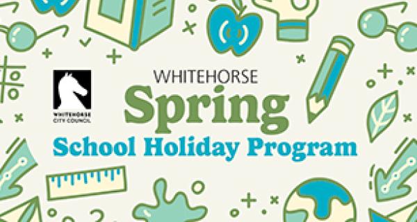 spring school holiday graphic in shades of blue and green with pictures of apples, pencils, glasses and more