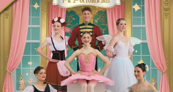 ballerina and 5 dancers in front of curtain backdrop
