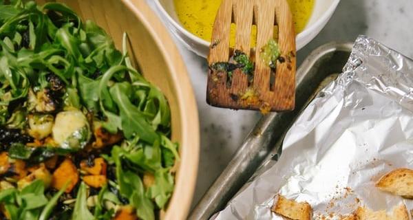 salad and garlic bread scraps 