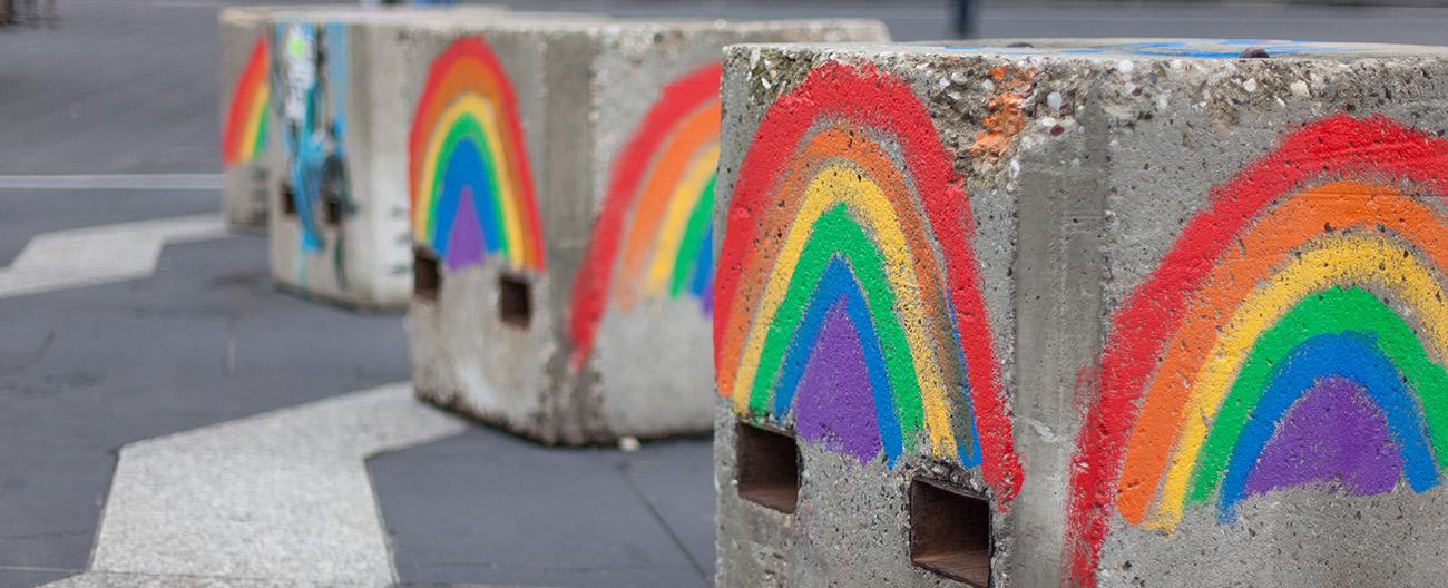 rainbows painted on concrete blocks