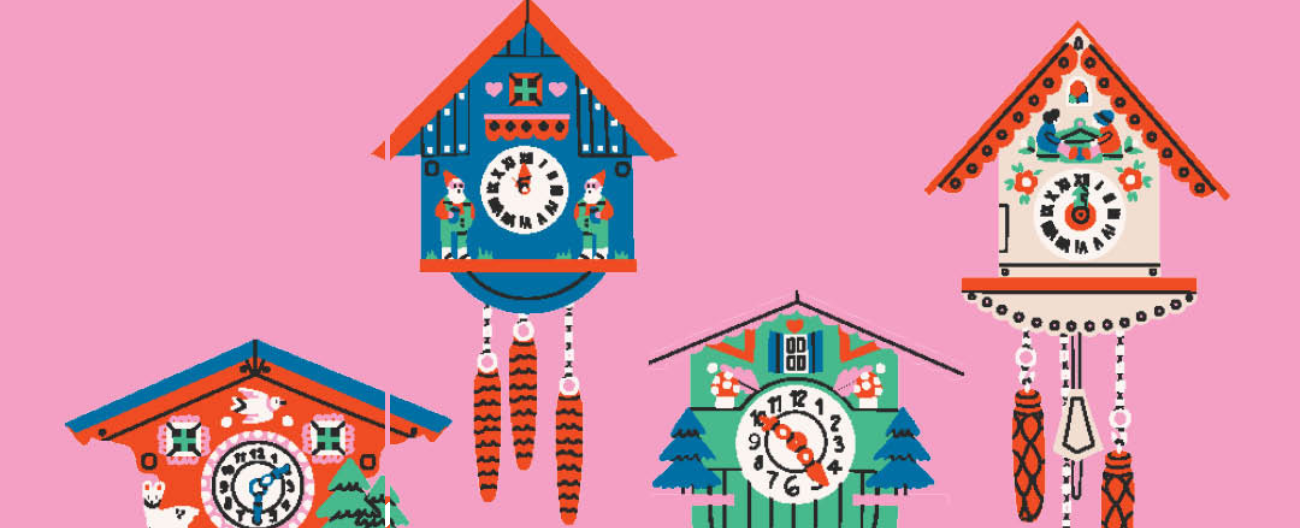 Colourful graphic of four cuckoo clocks