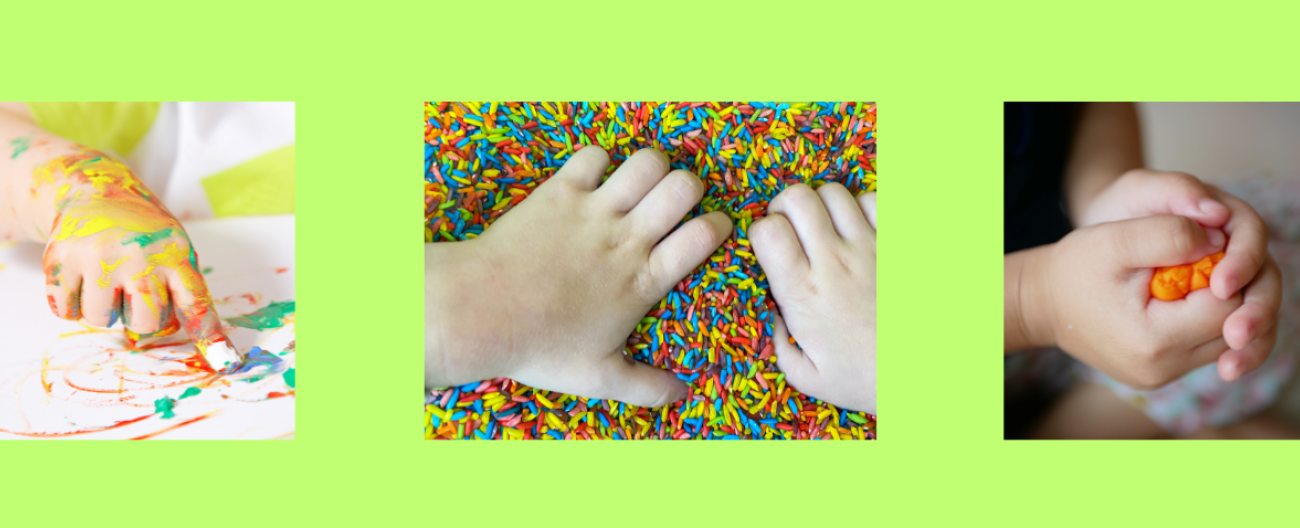 A child's hand playing with rice and play dough