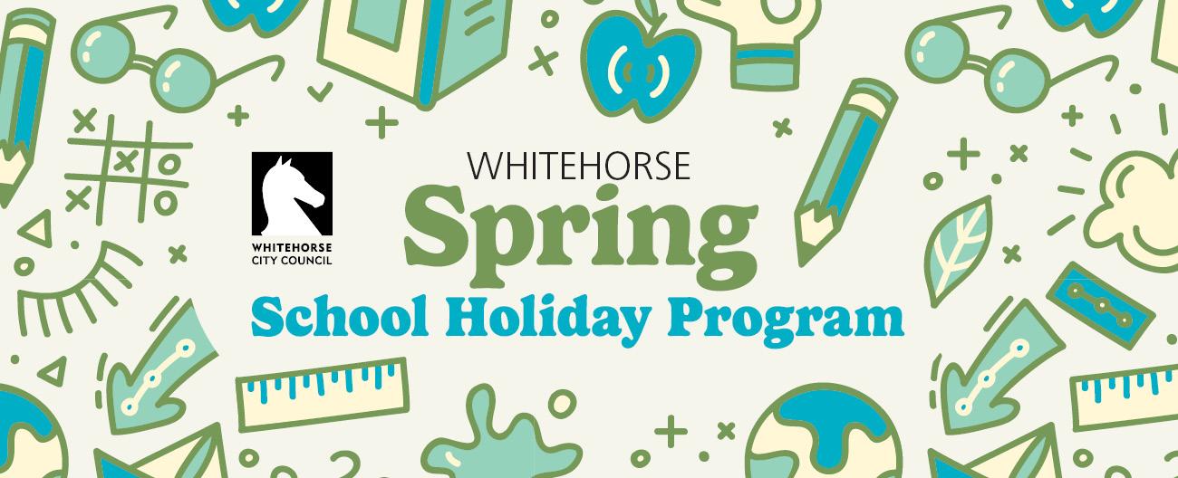 Graphic of spring school holidays with pencils, rulers, glasses, apples, noughts and crosses and other games