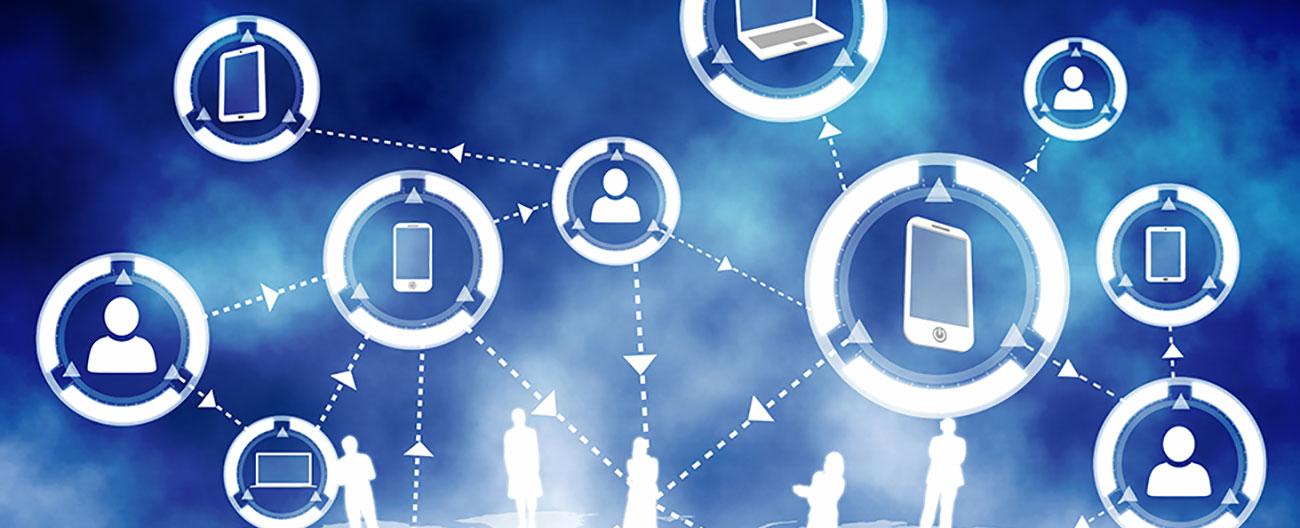 images of technology devices and icons of people connecting together