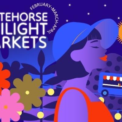 Markets logo with girl in hat, food truck and lights