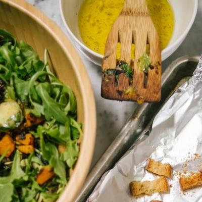 salad and garlic bread scraps 